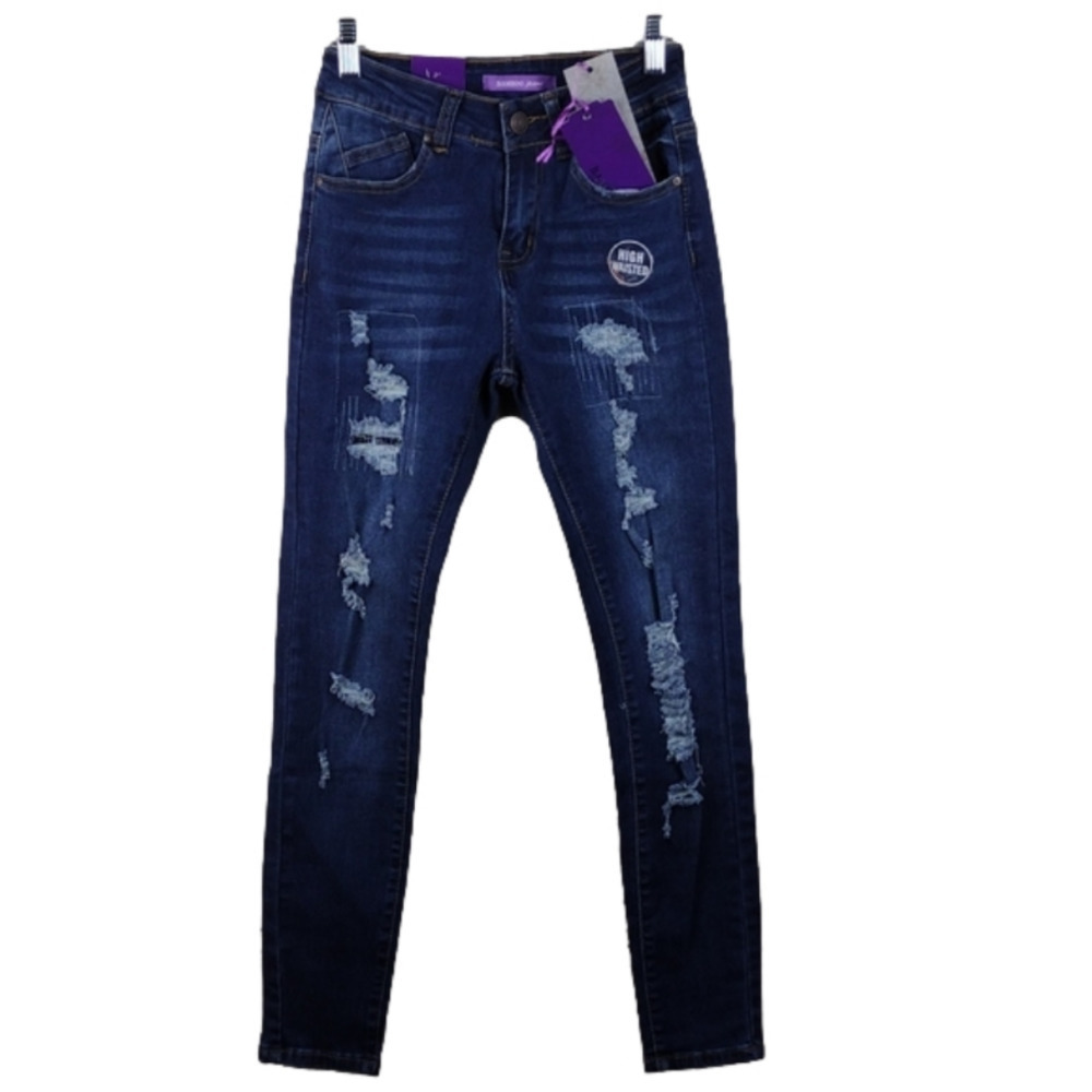 BAMBOO Jeans Blue Dark Wash Five Pocket High Waist Distressed Skinny Denim Jean
